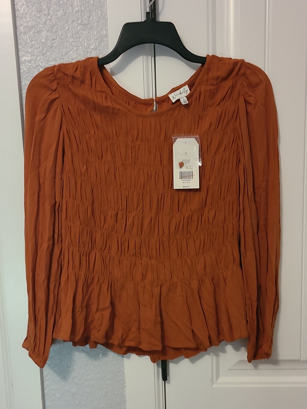 Wonderly Rust Smocked Long-Sleeve Blouse